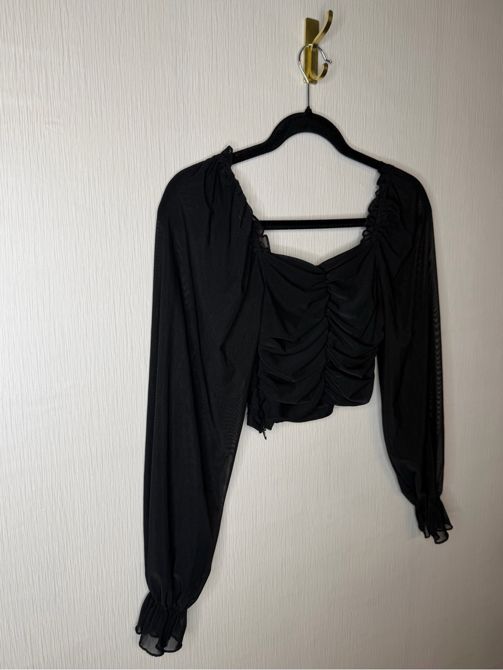 Forever 21 Black Mesh Sleeve Crop Top Ruched Corset Dark Romantic Whimsigoth M - Picture 5 of 7